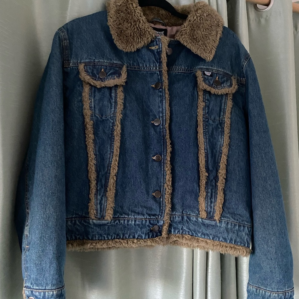 CoffeeShop Blue Denim Jacket with Brown Faux Fur Trim